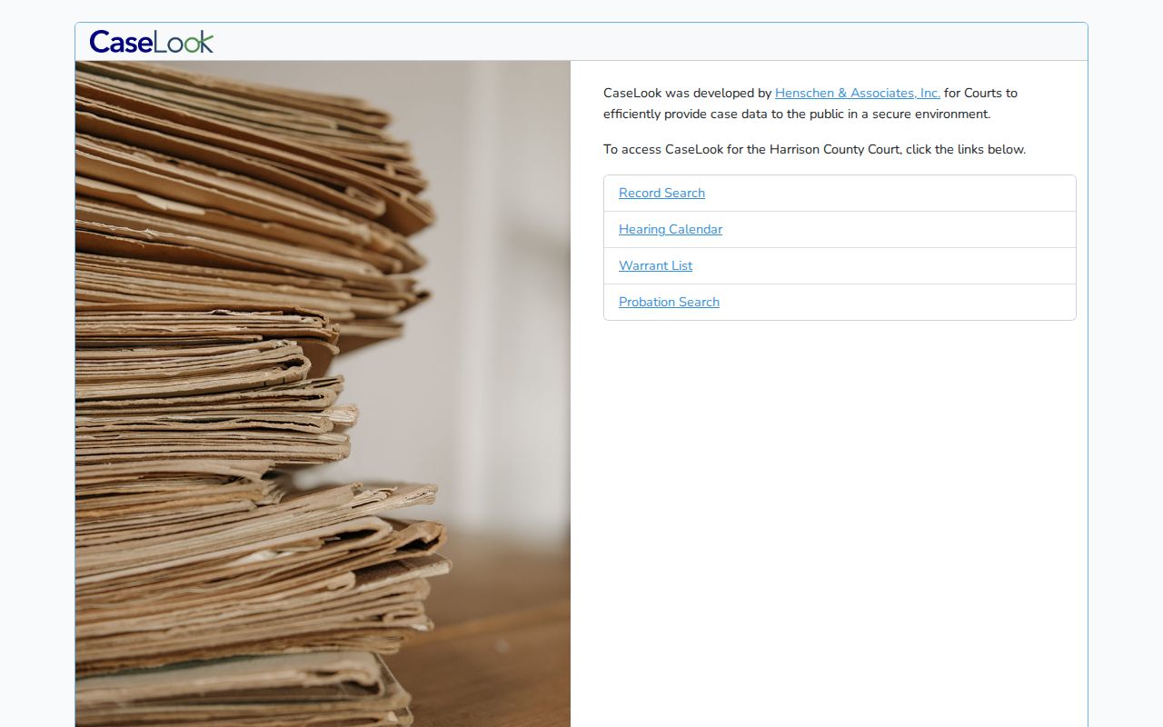 Harrison County court docket CaseLook service menu