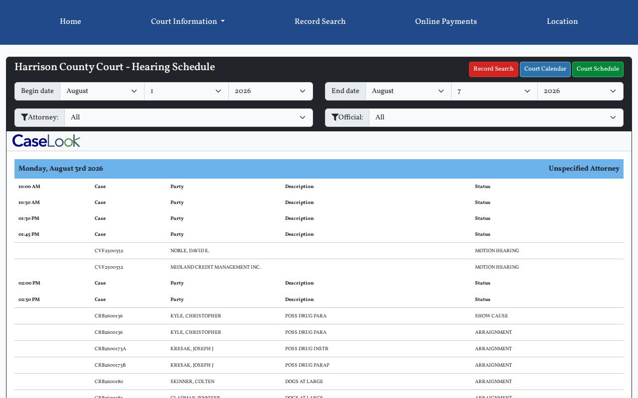 Harrison County court schedule County Court CaseLook hearing schedule